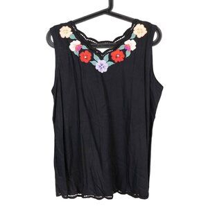 Boho VTG Tank Top One Size Embroidered Flowers Lace VNeck Fairy Whimsy Pansy